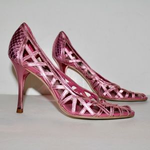 BCBG Metallic Pink Criss Cross Peep Toe Heels